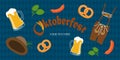 Vector banner of oktoberfest with pretzels, beer mugs etc Royalty Free Stock Photo